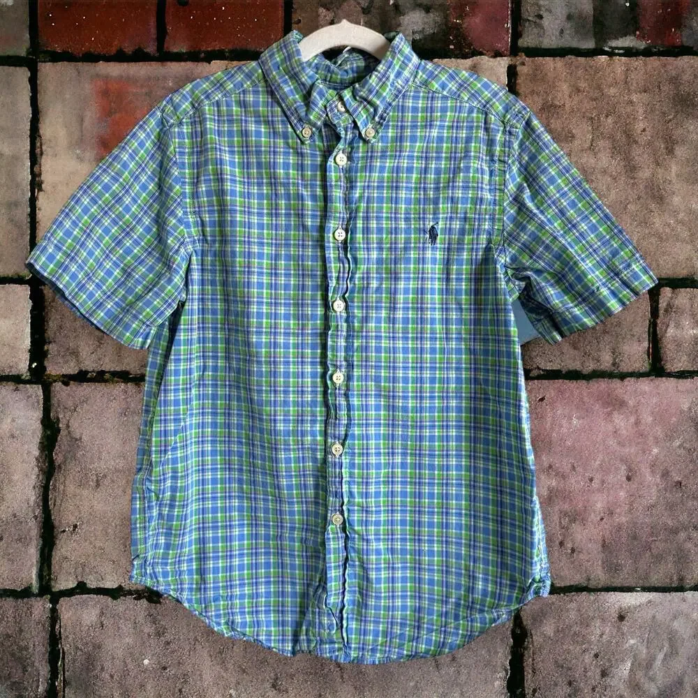 Ralph Lauren Boys Shirt Size M 10 12 Green Blue White‎ Pink Plaid Short Sleeve